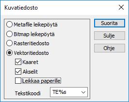 7.4 Kuvatiedosto Kaiken ruudussa näkyvän aineiston tallentaminen yhteen vektoritiedostoon halutulla formaatilla. Useimmiten cad-formaatteihin.