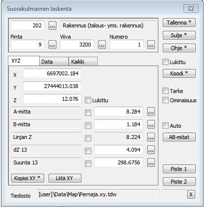 12. Geodeettinen laskenta Laskentatoiminnoissa voidaan laskea pisteen ja referenssilinjan välisiä arvoja tai uusia pisteitä ja koordinaatteja. Sama dialogi toimii molemmissa tapauksessa.