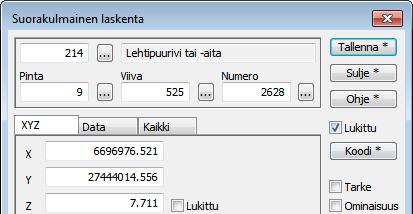 Tarkkeina tallentuu B-mitta Y-tarkkeena, Linjan dz Z-tarkkeena sekä laskentalinjan tangentti suuntana. Jos tarkeasetuksissa on päällä tarkkeiden piirto, piirretään tarkenuolet näkyviin heti.