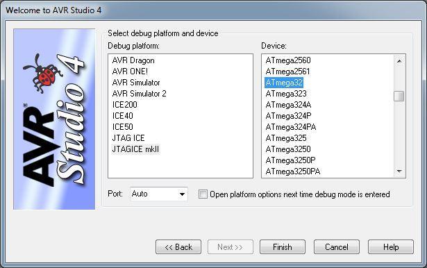 Seuraavaksi valittiin debuggausalustaksi JTAGICE mkii ja laitteeksi ATmega32 ja painettiin Finish (Kuva 16.). 23 Kuva 16. Alustan ja laitteen valinta.