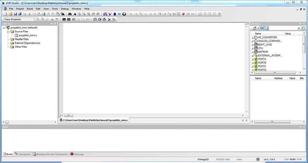 24 Kuva 17. AVR Studio 4. 4.3 Ohjelmointi Mikrokontrolleria ohjelmoitiin C-kielellä. Ohjelmassa määriteltiin kaikki tarvittavat funktiot, jotta kokonaisuus saatiin toimimaan oikein.