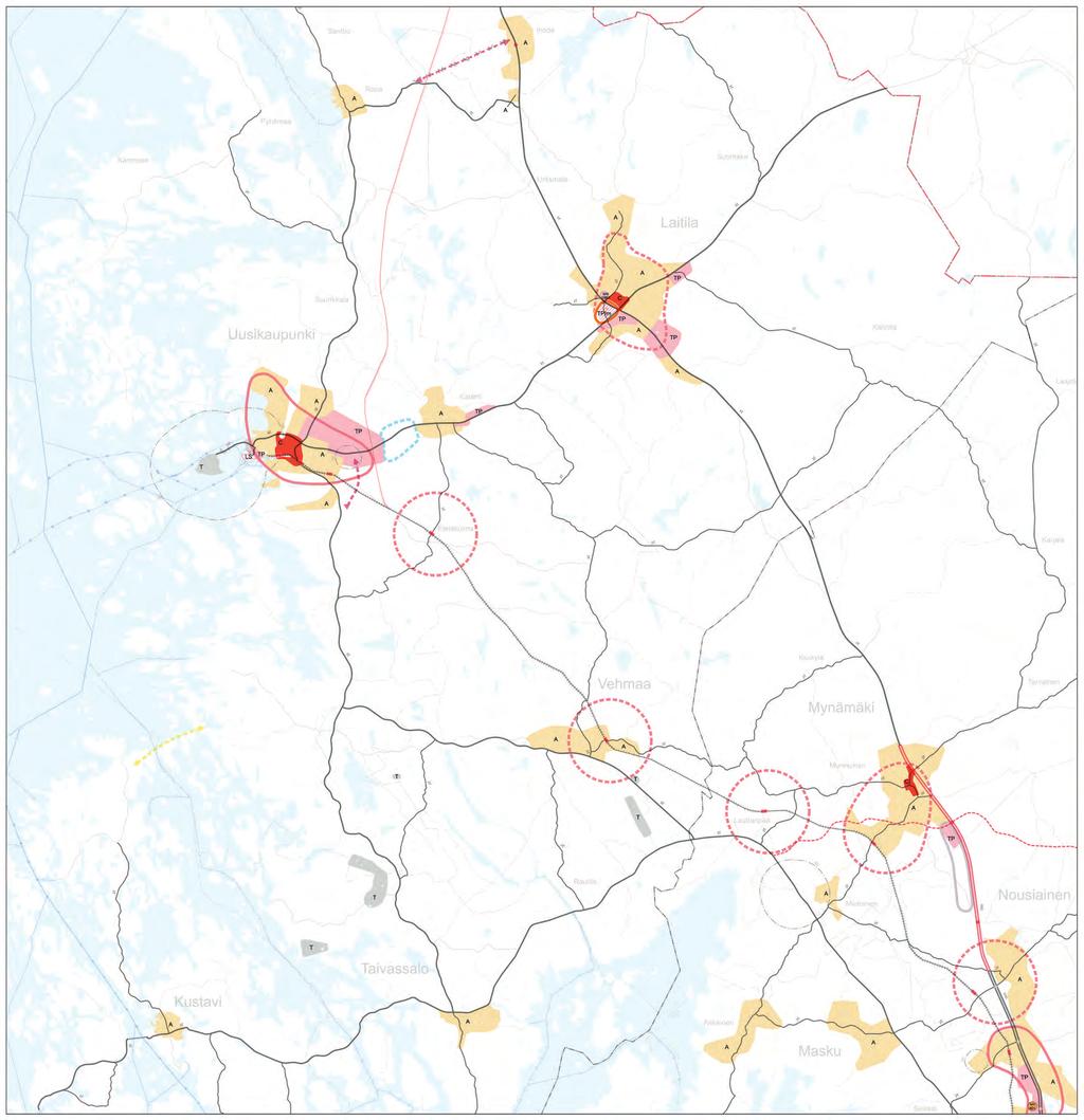 Uusikaupunki. Seutukuntakeskus. Laaja keskustatoimintojen alue, suuri osa kaupan palveluista keskittynyt alueen koillisreunalla.