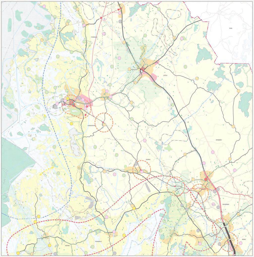 Liikenneverkon muutokset voimassa olevaan kaavaan Vakka-Suomessa Laitilassa Erik Sorolaistentie, osoitettu yhdystienä ja kehäväylänä.