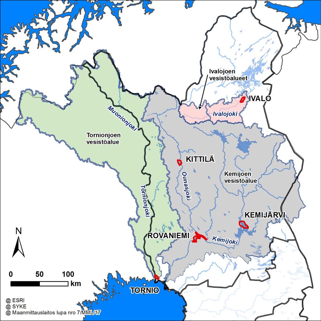 Tulvariskialueiden tulvatietoa Kuva: Lapin merkittävien tulvariskialueiden sijainti (punainen rajaus). Taulukko 1.