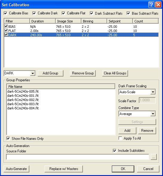 Useampi kalibrointikuva Valitse jokaiseen ryhmään kaikki samanlaiset kuvat Dark ja Bias