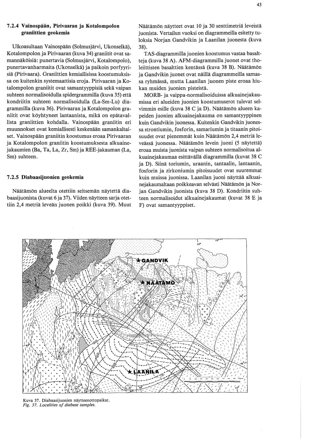 7.2.4 Vainospäan, Pirivaaran ja Kotalompolon graniittien geokemia Ulkoasultaan Vainospään (Solmusjärvi, Ukonselkä), Kotalompolon ja Pirivaaran (kuva 34) graniitit ovat samannäköisiä: punertavia