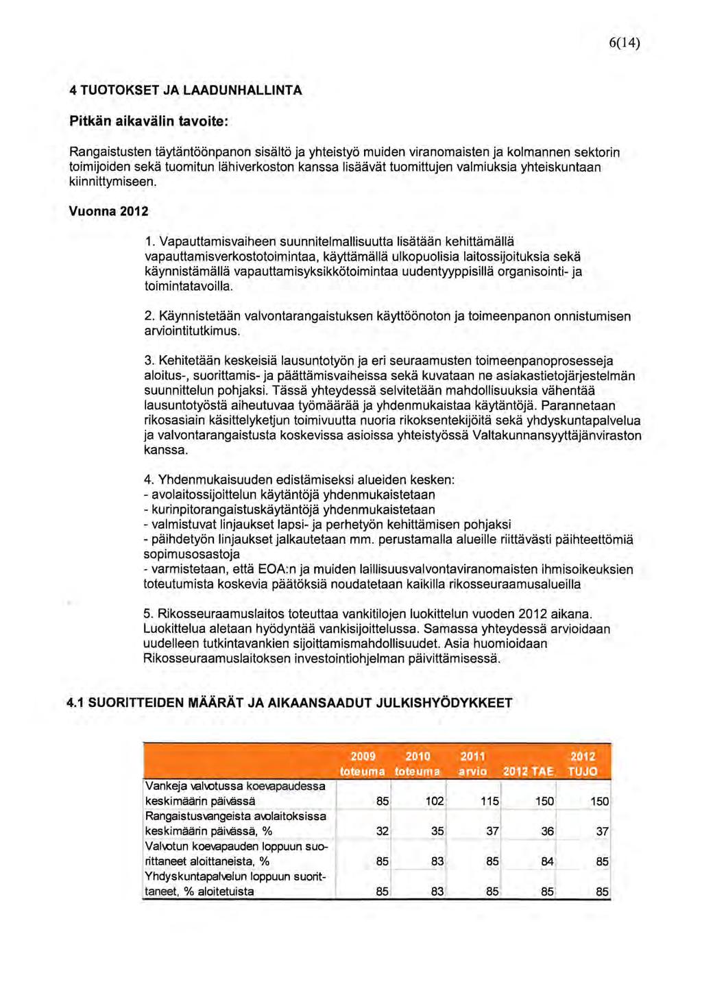 6(14) 4 TUOTOKSET JA LAADUNHALLNTA Pitkän aikavälin tavoite: Rangaistusten täytäntöönpanon sisältö ja yhteistyö muiden viranomaisten ja kolmannen sektorin toimijoiden sekä tuomitun lähiverkoston