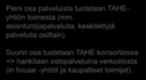 osa palveluista tuotetaan TAHEyhtiön toimesta (mm. asiantuntijapalveluita, keskitettyjä palveluita osittain).