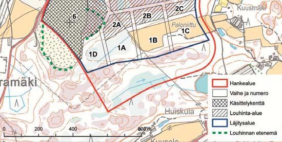 Suunnitelmassa esitetään louhinnan ja läjitystoiminnan eteneminen sekä käsittelykentän