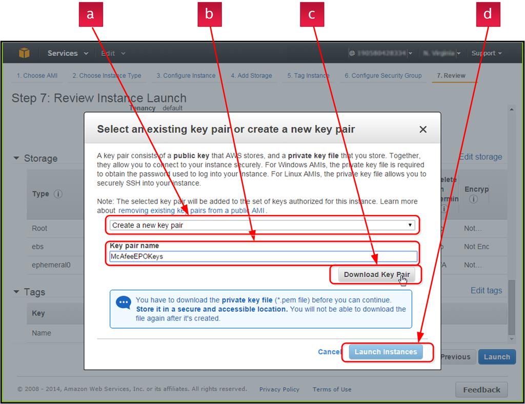 McAfee epo -ohjelmiston asentaminen AWS-palvelimeen AWS-palvelimen luominen C 15 Luo suojausavainpari käyttämällä seuraavia asetuksia.