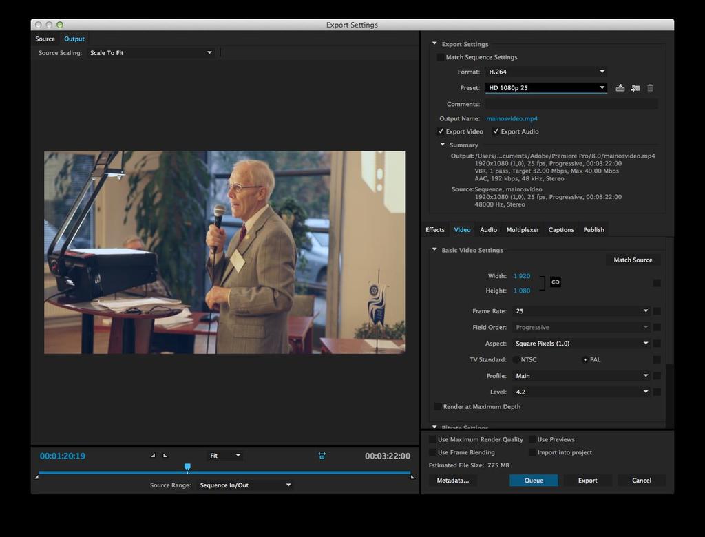 32 Kuva 18. Adobe Premiere Pro Creative Cloud 2014 -ohjelman vienti-ikkuna. Tiedostomuoto alkuperäisen materiaalin vuoksi pakattiin videonpakkausstandardin H.