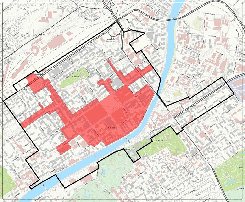 Turun elävä keskusta-alue Turun kuumat korttelit ja elävä keskusta (mustalla rajattu). Aluerajaus on tehty 5/2016 kartoituksen pohjalta.