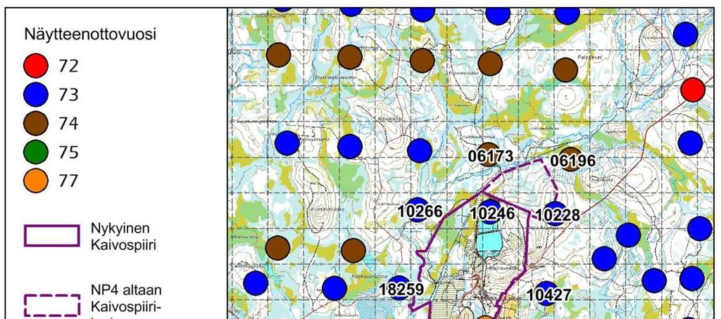 (Liite 2), havaintojen näytteenottovuosi sekä havaintonumerot on esitetty kuvassa (Kuva 8-15). 89 Kuva 8-15.