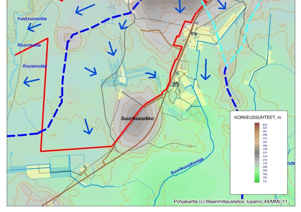 Nyt suunnitellun rikastushiekka-altaan (NP4-allas) kaivospiirilaajennuksen alueen pohjavedet ovat virranneet kohti pohjoisluodetta Seurujokeen (Kuva 8-3), ennen