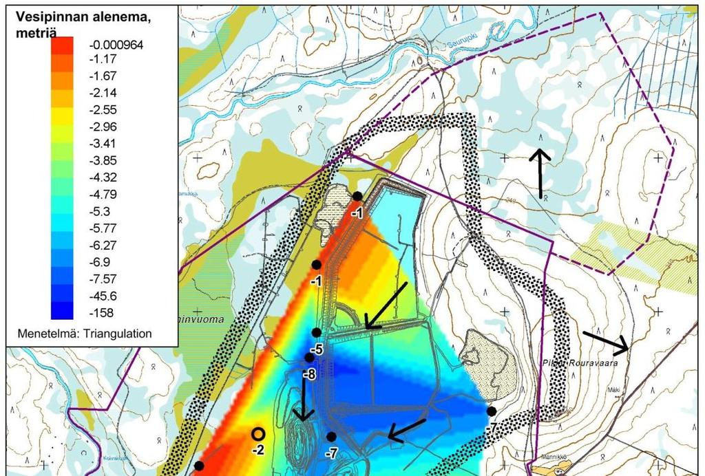 101 Kuva 8-21. Arvio pohjavesipintojen alenemasta nykytilanteessa (avolouhoksen pohja -160 m).