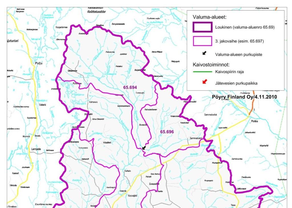66 Kuva 8-4. Kaivosalueen ja sitä lähinnä sijaitsevien vesistöalueiden sijainti Loukisen vesistöalueella (65.69).