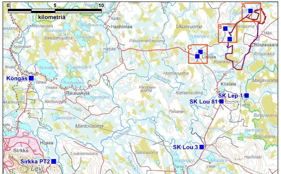 kohdan ylä- ja alapuolella. Näytteenottopaikkojen sijainti on esitetty kartalla kuvassa (Kuva 8-7). 69 Kuva 8-7.