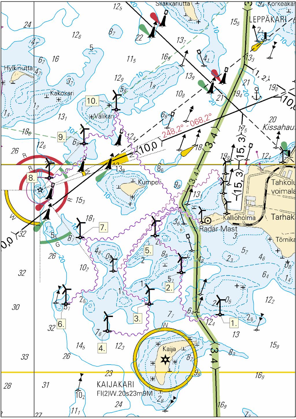 Seuraavien pisteiden välille: Mellan följande punkter: Between the following positions: (1) 61 37.904'N 21 22.135'E (2) 61 38.218'N 21 21.583'E (3) 61 38.603'N 21 21.215'E (4) 61 38.420'N 21 21.