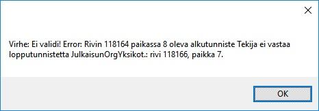 xsd pitää olla samassa hakemistossa kuin ohjelma) Jos XML ei validoidu tulee ilmoitus miltä riviltä virhe löytyy. Esim.