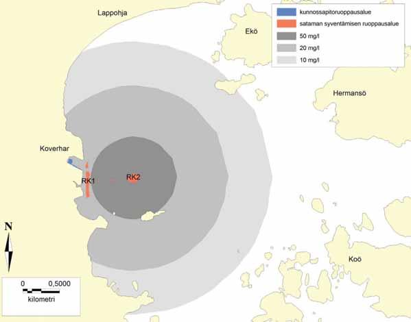 Kuva 22. Kiintoaineen mahdollinen leviämisalueen laajuus vesipatsaan pohjakerroksessa (50, 20 ja 10 mg/l) väyläalueen (RK2) ruoppaustöiden yhteydessä. 9.