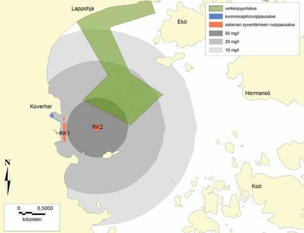 Kuva 30. Ammattikalastajien ilmoittamat pyyntialueet ja arvioitu kiintoaineen leviäminen pohjakerroksessa.