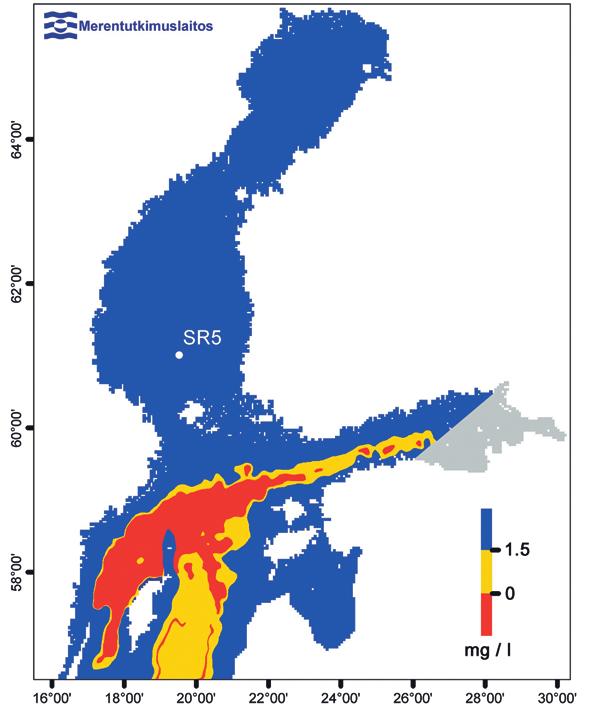 Kuva 5. Pohjanläheisen veden suolaisuus ( ) Itämeressä talvella 24. Kuva 6. Pohjanläheisen veden happitilanne (mg/l) Itämeressä kesällä 23.