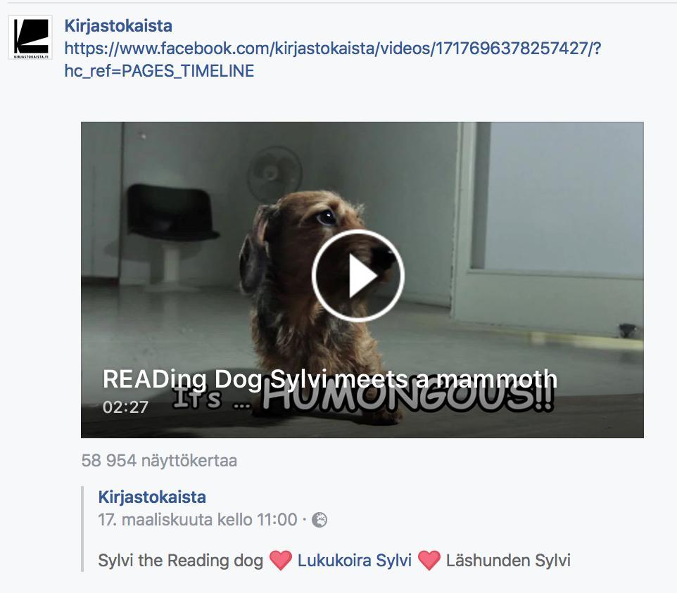 Kirjastokaista siirtyi FB-videoihin Facebook suosii omalle alustalleen tehtyjä videoita.