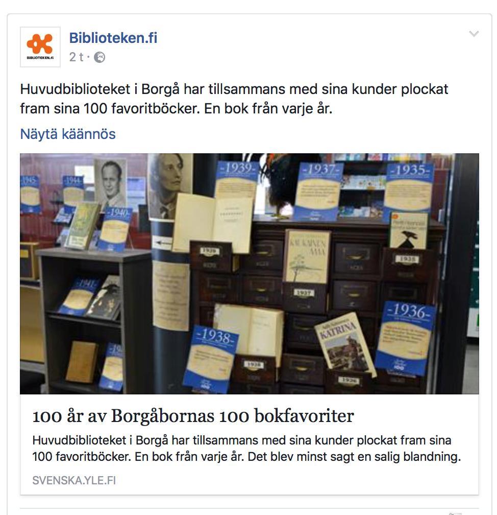 Kirjastot.fi:n ryhmiä Facebookissa Kirjastot.fi https://www.facebook.com/kirjastotfi/?ref=ts&fref=ts Biblioteken.fi https://www.facebook.com/groups/164294320270298/?