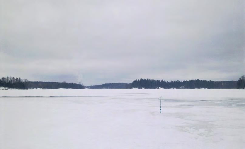 Kuva 3. Lohjanjärven Hållsnäsfjärdenin pohjoisosassa jäätä oli 9.3.2011 44 cm ja jäällä oli 22 cm lunta.