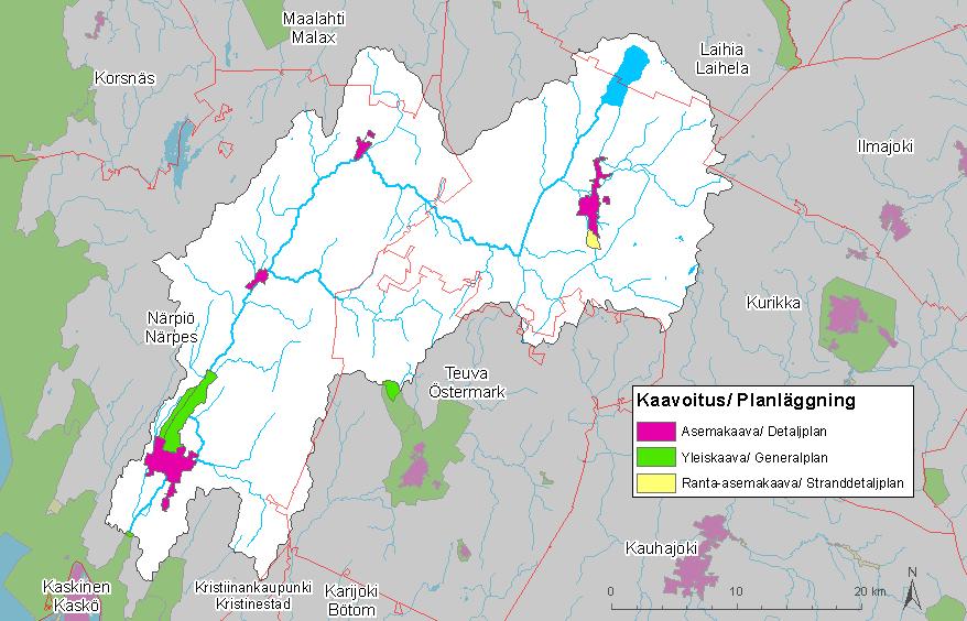 Kuva 9. Yleiskaavat, asemakaavat ja ranta-asemakaavat Närpiönjoen vesistöalueella ja sen läheisyydessä.