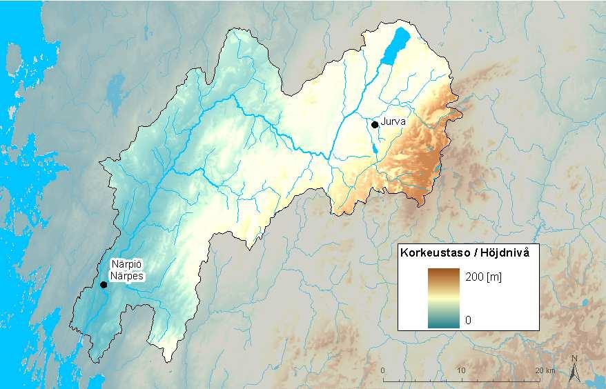 Kuva 5. Korkeussuhteet Närpiönjoen vesistöalueella. (Korkeusmalli, ruutukoko 25 m). ( SYKE, Alueelliset ELY-keskukset; topografia Maanmittauslaitos lupa nro 7/MML/08) 2.