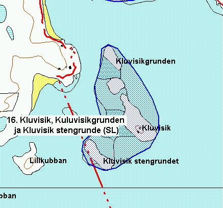 19 16. Kluvisik, Kluvisikgrunden ja Kluvisik stengrundet SL Linnuston ja kalaston lisääntymisen sekä ympäristötutkimuksen kannalta erittäin merkittävät luodot. SL, peruste: arvokas linnusto 17.
