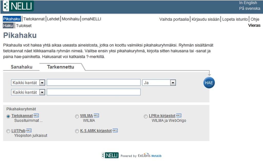 6 Viitteitä voit tallentaa haun ajaksi Nelliin. Kirjautunut käyttäjä voi halutessaan siirtää viitteitä edelleen omaan kirjahyllyynsä (OmaNELLI).