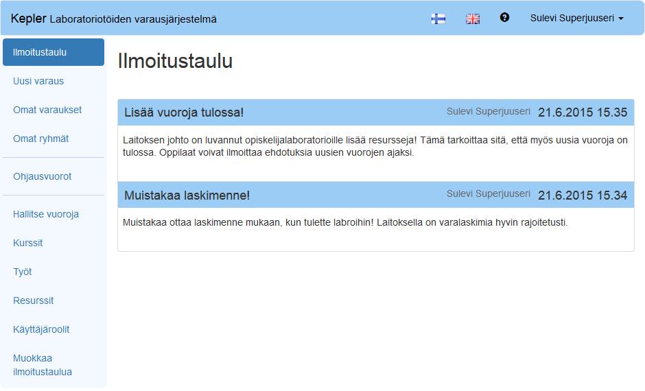 Kuva 3.6: Ilmoitustaulu 3.5.2 Uusi varaus Uusi varaus-näkymässä käyttäjät voivat tehdä uusia varauksia itselleen ja ryhmilleen.