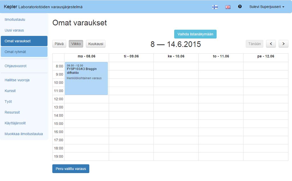Kuva 3.11: Omat varaukset kalenterimuodossa 3.5.