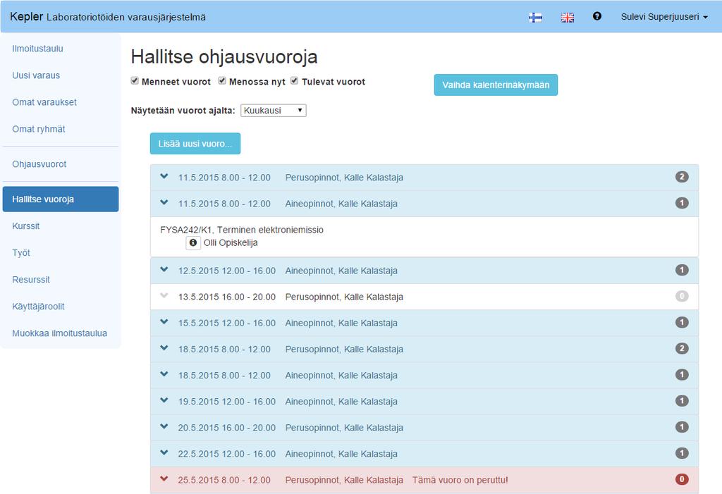 Tarkoituksena oli myös toteuttaa mahdollisuus esittää vuorot kalenterimuodossa ja tarjota mahdollisuus vuorojen
