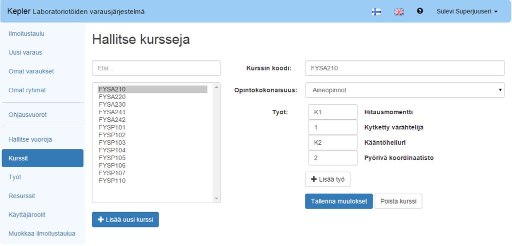 3.7.2 Kurssit Kurssit-näkymässä listataan tietojärjestelmän sisältämät kurssit.
