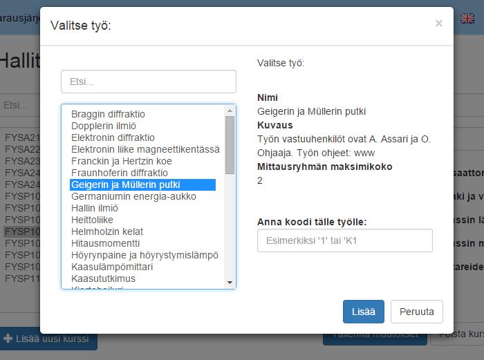 Kuva 3.21: Työn lisääminen kurssiin 3.7.3 Työt Työt-näkymässä listataan tietojärjestelmän sisältämät työt.