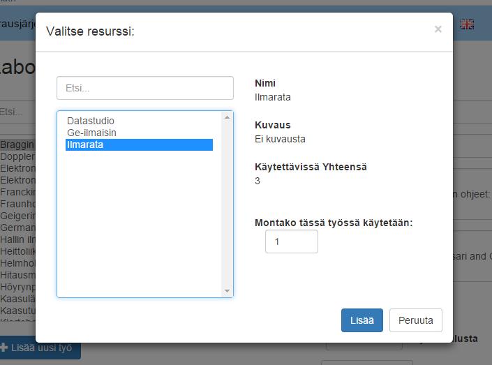 Kuva 3.24: Resurssi lisääminen työhön 3.7.4 Resurssit Resurssit-näkymässä listataan tietojärjestelmästä löytyvät resurssit. Resurssien tietoja voi muokata oikealle olevista syöttökentistä.