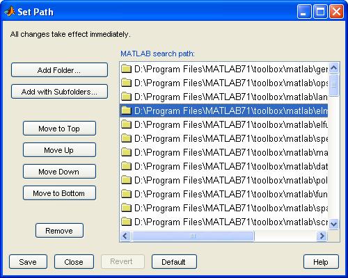 MATLAB Osa 1 7 Tällöin aukeaa ikkuna, jonka painikkeilla Add Folder ja Add with Subfolders voi lisätä hakemistoja hakupolkuun.