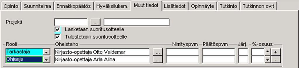 Lisää Muut tiedot välilehdellä (kuva 2) ohjaajat ja tarkastajat (ne, jotka ovat Oulun yliopiston
