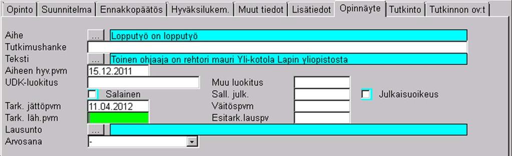 Siirry välilehdelle Opinnäyte (kuva 3). Lisää siellä otsikon Aihe kenttään opinnäytteen nimi niillä kielillä, millä se on olemassa. Kenttä Teksti on vapaamuotoista tekstiä varten.