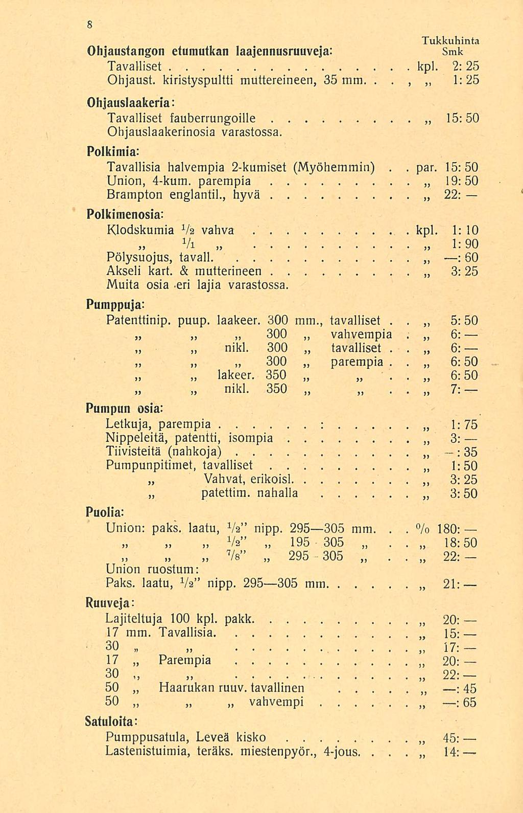 par Tukkuhinta Ohjaustangon etumutkan laajennusruuveja: Tavalliset kpl 2: 25 Ohjaust kiristyspultti muttereineen, 35 mm, 1:25 Ohjauslaakeria: Tavalliset fauberrungoille 15:50 Ohjauslaakerinosia