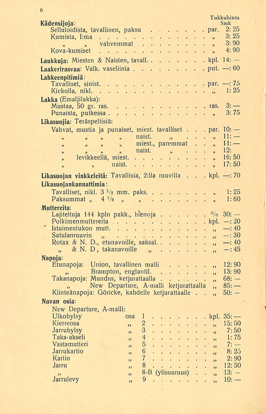 kpl Tukkuhinta Kädensijoja: Selluloidista, tavallinen, paksu par 2: 25 Kumista, l:ma 3: 25 vahvemmat 3; 90 Kova-kumiset 4: 90 Laukkuja: Miesten & Naisten, tavall kpl 14: Laakerirasvaa: Valk