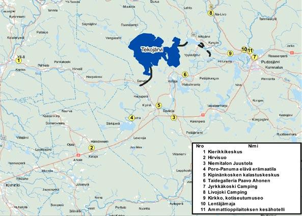 Kuva 12 16. Pudasjärven matkailukohdekartta. sääminen ei välttämättä onnistu yhtä helposti kuin järvillä.