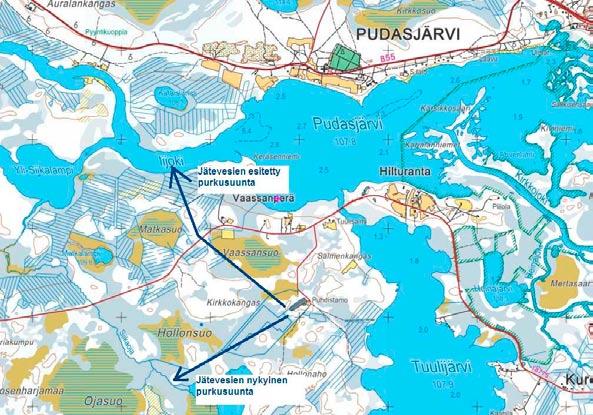 Kuva 12 18. Pudasjärven jätevesipuhdistamo ja puhdistettujen jätevesien purkulinjat. 12.2 Yhdyskuntatekniikka 12.2.1 Arviointiaineisto ja -menetelmät Pudasjärven taajaman yhdyskuntatekniikan tilanne selvitettiin vesiosuuskunnalta saatujen johtolinjakarttojen perusteella.