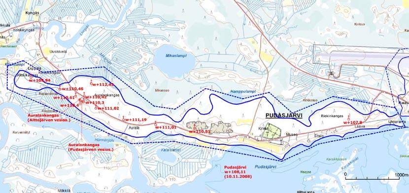 Kuva 7 11. Auralankangas Riekinkangas pohjavesialue. joiden siiviläosat sijaitsevat +106 +108,5 tasolla. Maanpinta on noin +115 tasolla.