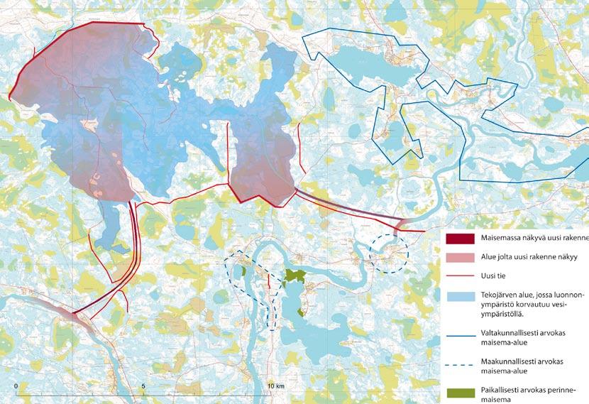 Kuva 8-33 Vaikutusaluekartta VE2 hankkeen rakenteisiin eikä Kollajan tekojärveen. Hankkeen rakenteet ja uusi toiminta luovat toteutuessaan uutta kulttuuriympäristöä.