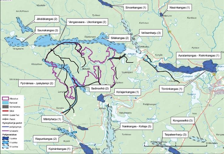Kuva 7 3. Kollaja-hankkeen ympäristön pohjavesialueet. suuntautuu pääosin länteen. Siellä pohjavesi purkautuu osin suoraan Mertajokeen harjun kohdalta.