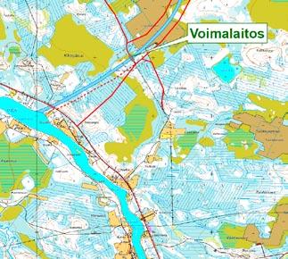 Kuva 11 3. Kollajan voimalaitos ja voimajohto. Kuva 11 4. 110 kv voimajohdon poikkileikkaus ja tilantarve.